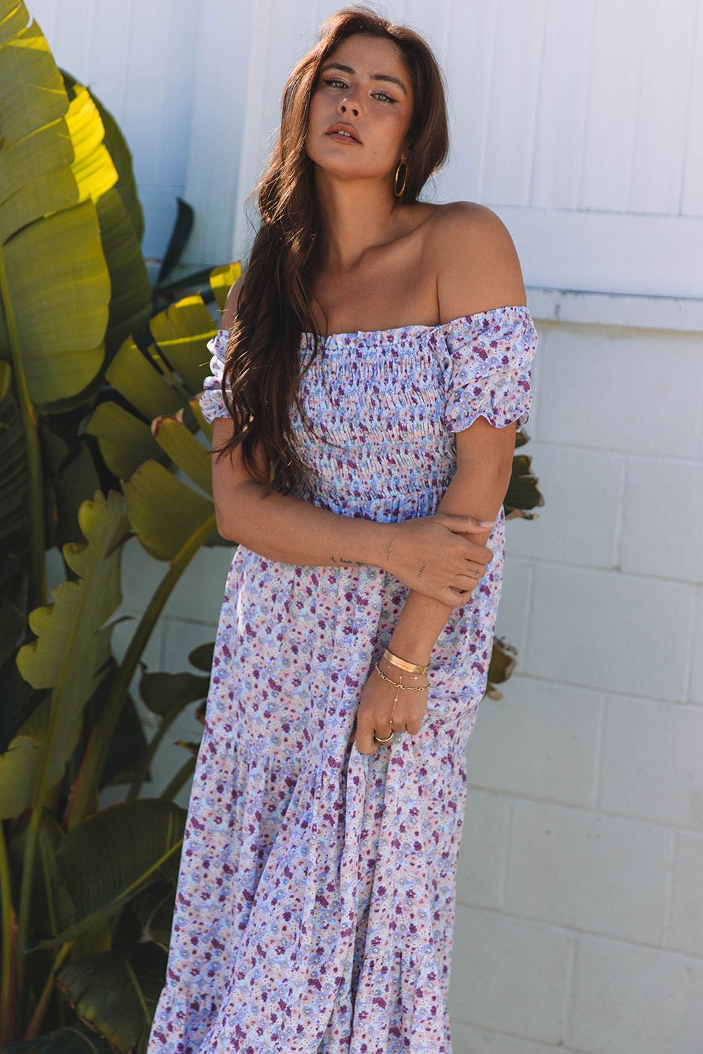 Floral Bubble Sleeve Shirred High Waist Maxi Dress - Rooted & Reckless Co.