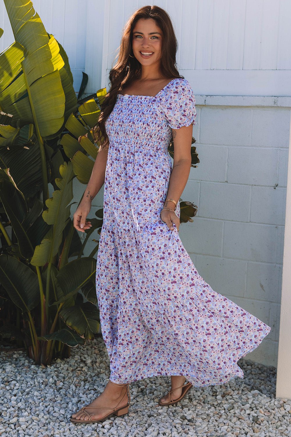 Floral Bubble Sleeve Shirred High Waist Maxi Dress - Rooted & Reckless Co.