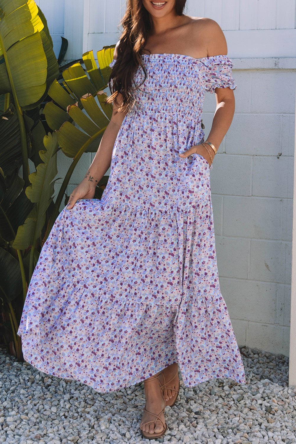 Floral Bubble Sleeve Shirred High Waist Maxi Dress - Rooted & Reckless Co.