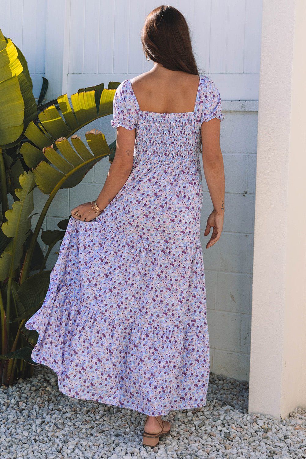 Floral Bubble Sleeve Shirred High Waist Maxi Dress - Rooted & Reckless Co.