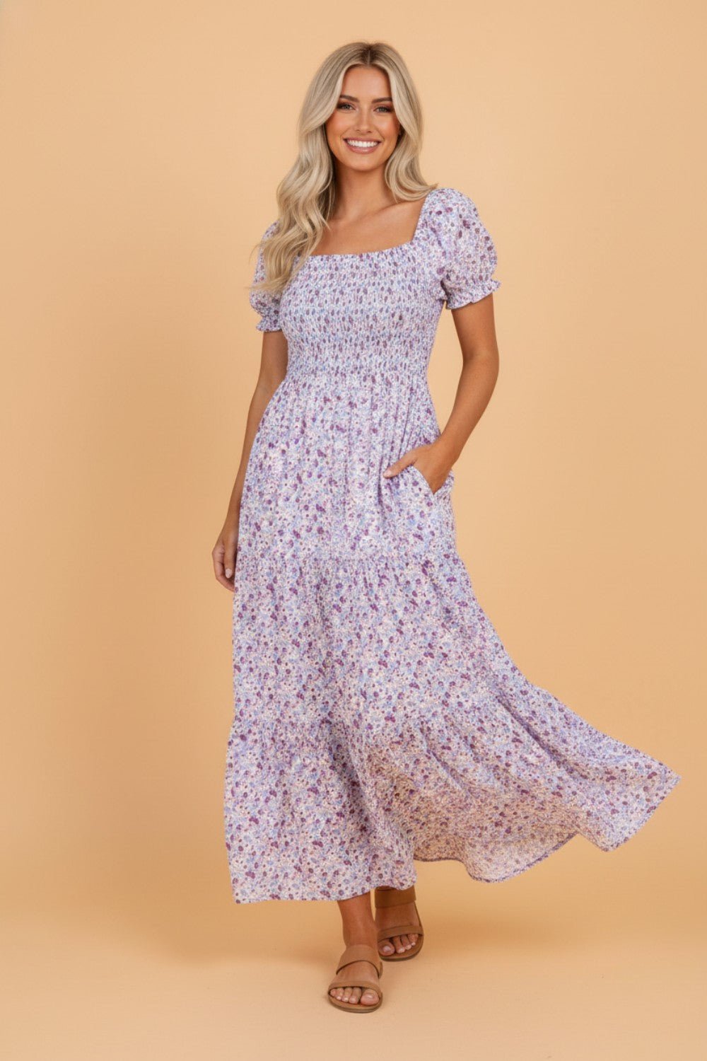 Floral Bubble Sleeve Shirred Waist Maxi Dress - Rooted & Reckless Co.