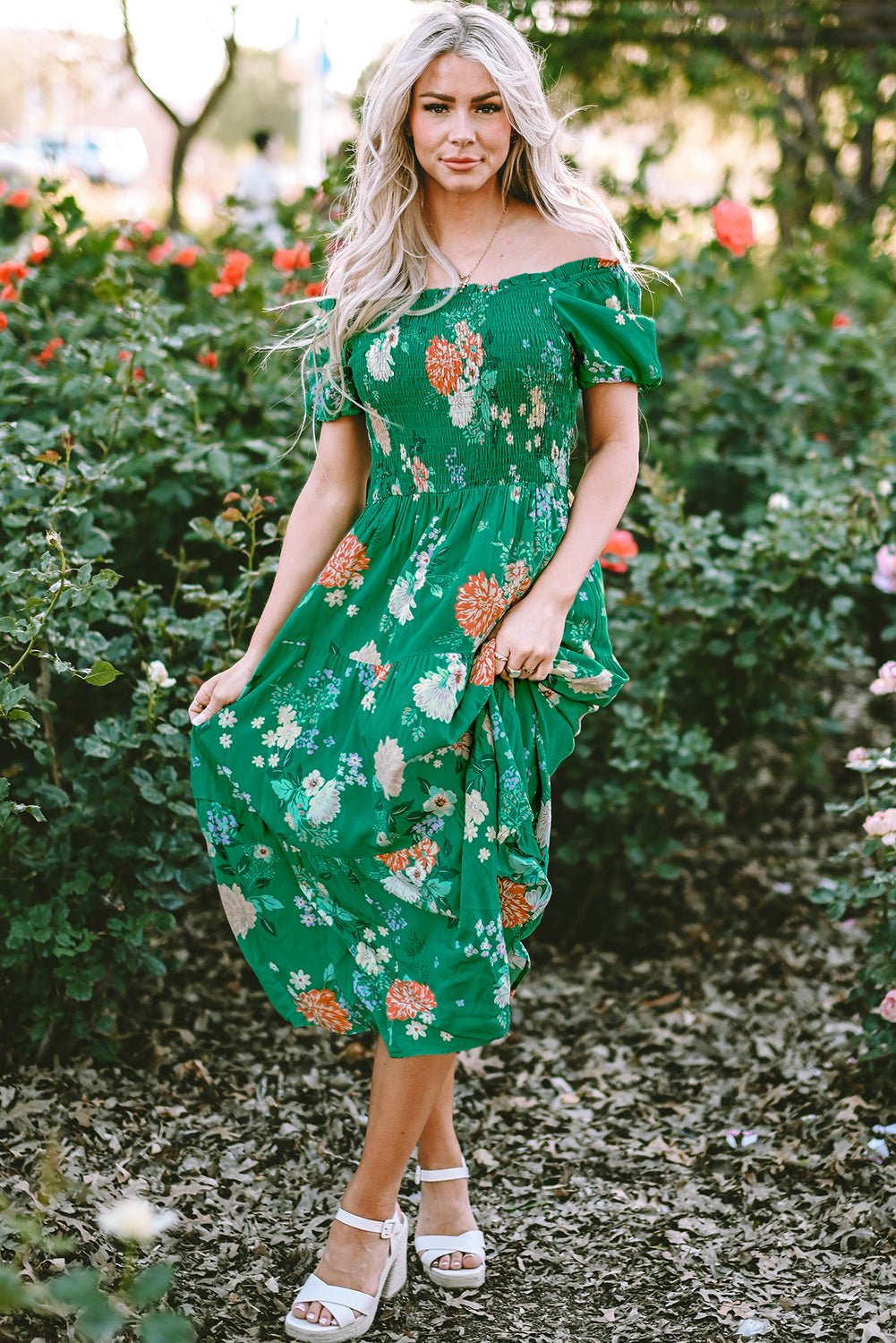 Floral Bubble Sleeve Smocked Tiered Midi Dress - Rooted & Reckless Co.