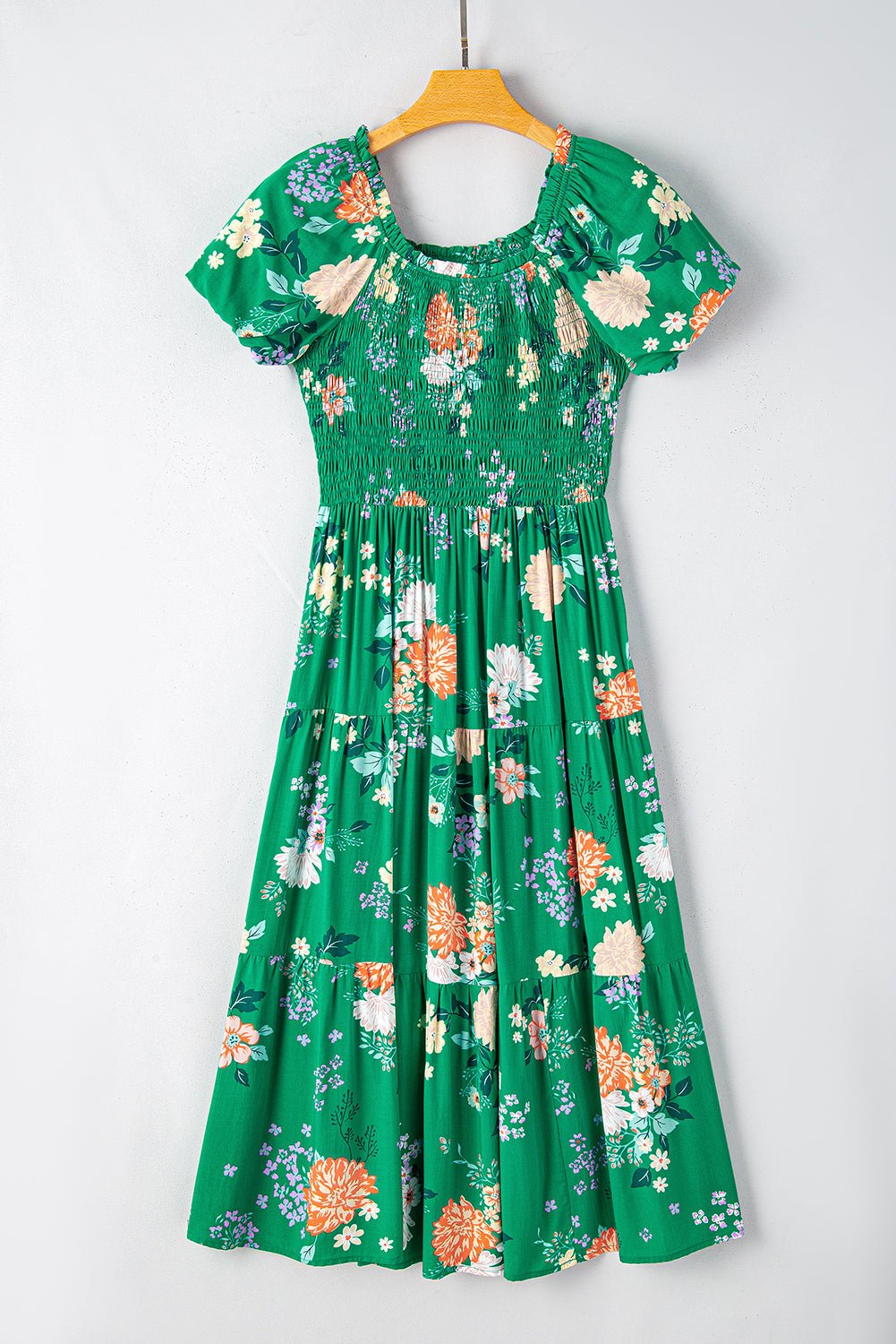 Floral Bubble Sleeve Smocked Tiered Midi Dress - Rooted & Reckless Co.