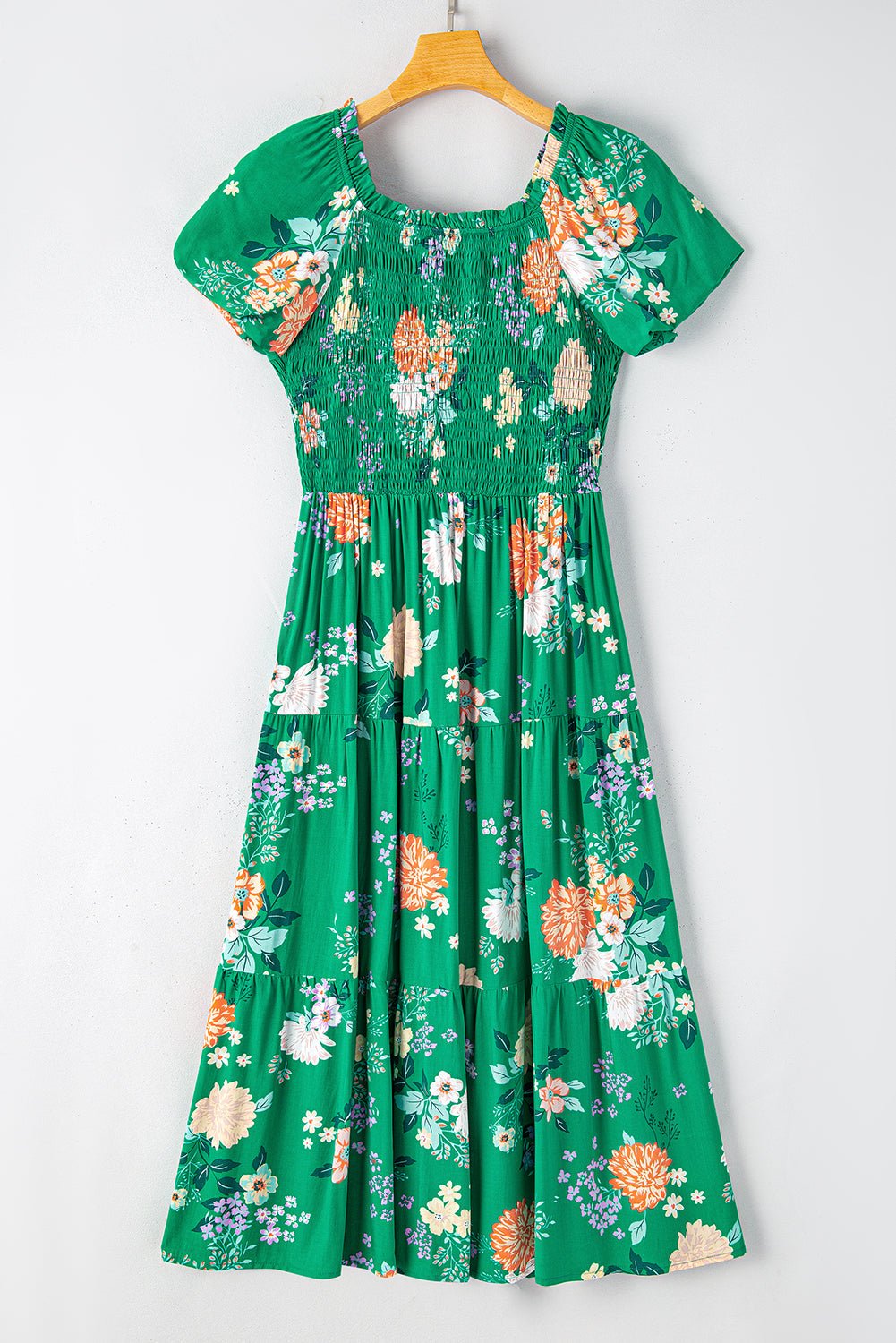 Floral Bubble Sleeve Smocked Tiered Midi Dress - Rooted & Reckless Co.