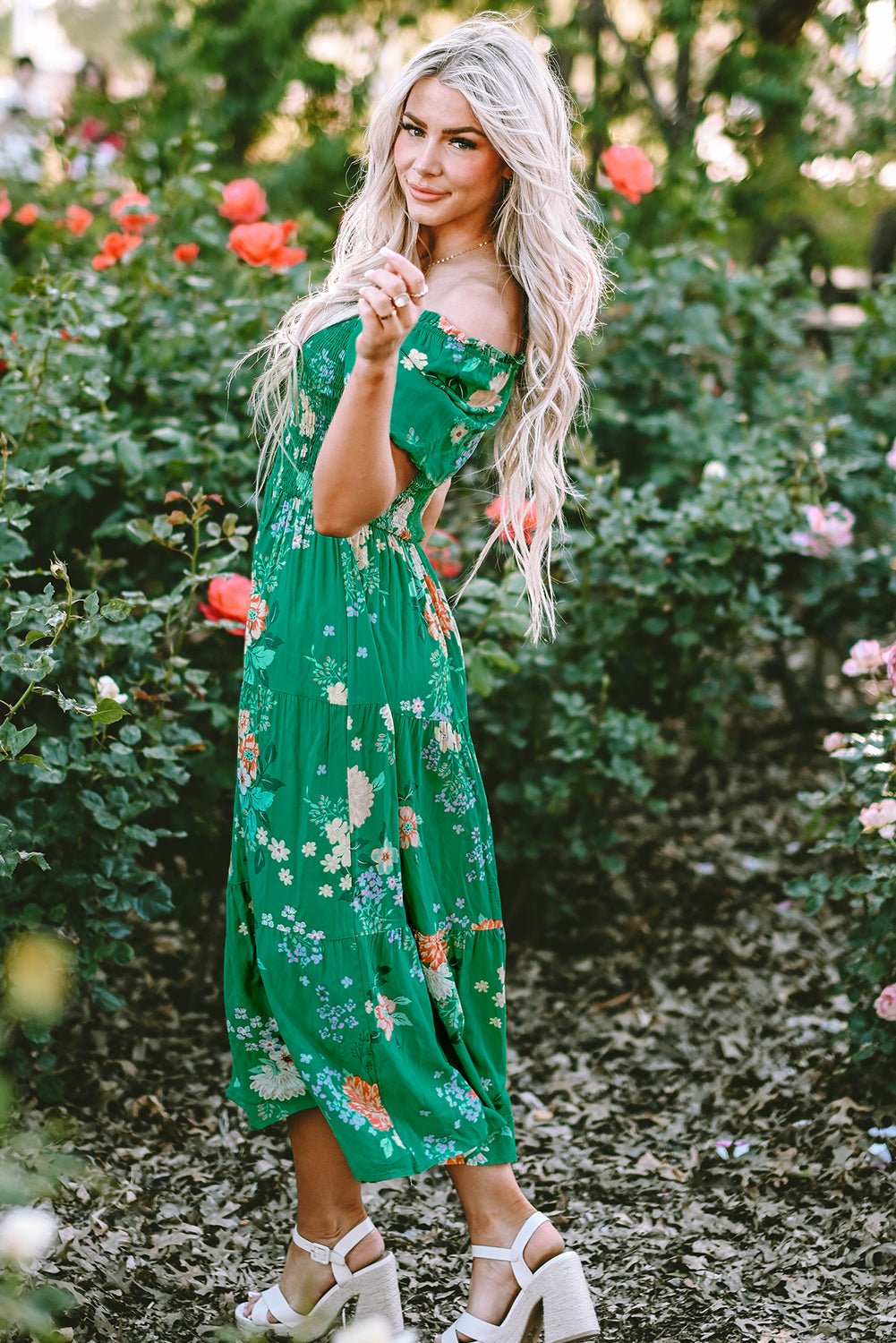 Floral Bubble Sleeve Smocked Tiered Midi Dress - Rooted & Reckless Co.