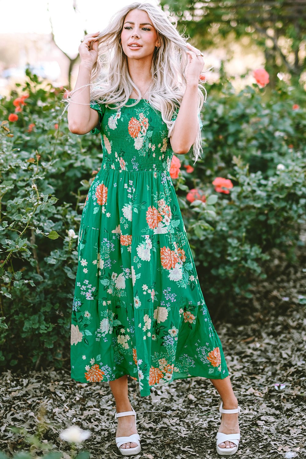 Floral Bubble Sleeve Smocked Tiered Midi Dress - Rooted & Reckless Co.