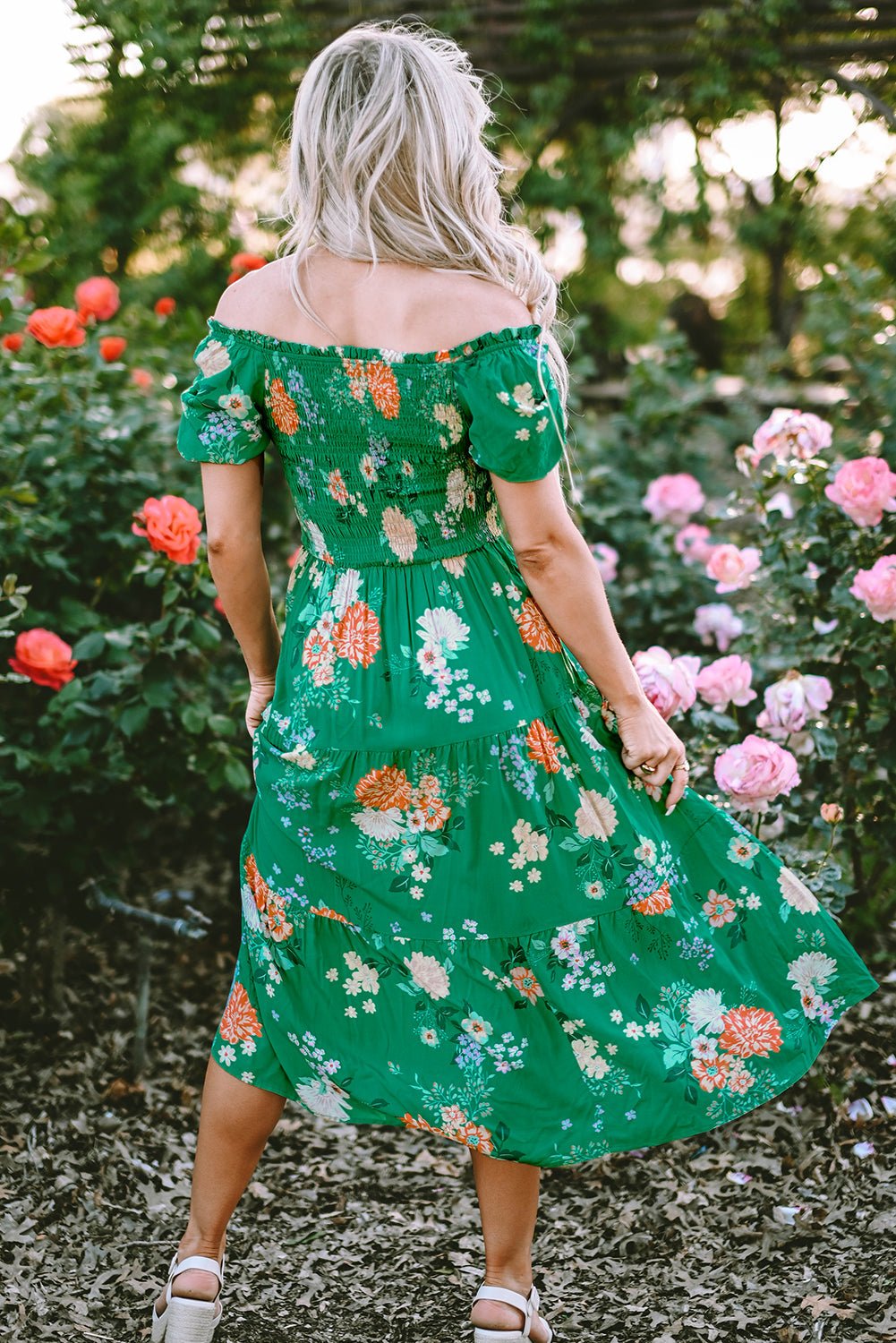 Floral Bubble Sleeve Smocked Tiered Midi Dress - Rooted & Reckless Co.