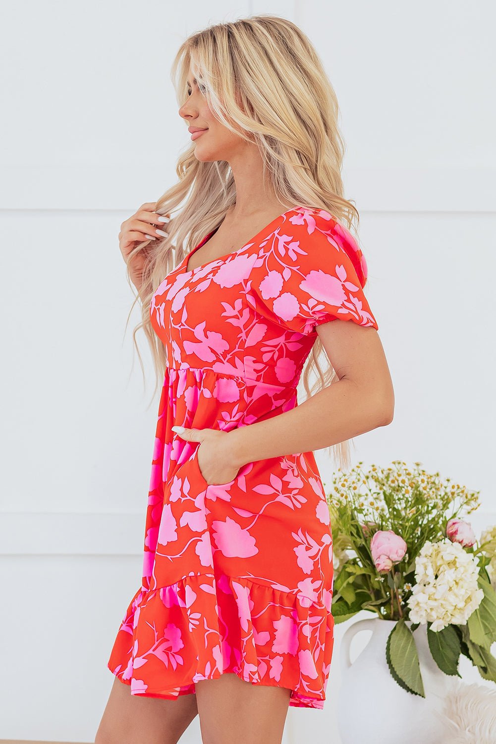 Floral Bubble Sleeve Sweetheart Neck Ruffle Mini Dress - Rooted & Reckless Co.