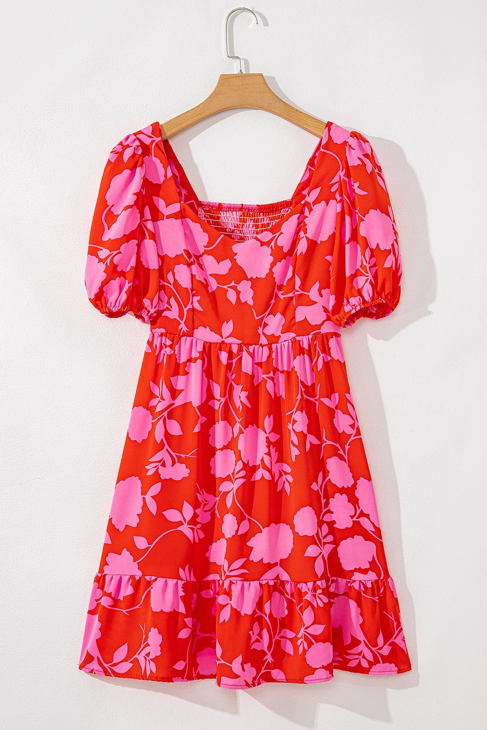 Floral Bubble Sleeve Sweetheart Neck Ruffle Mini Dress - Rooted & Reckless Co.