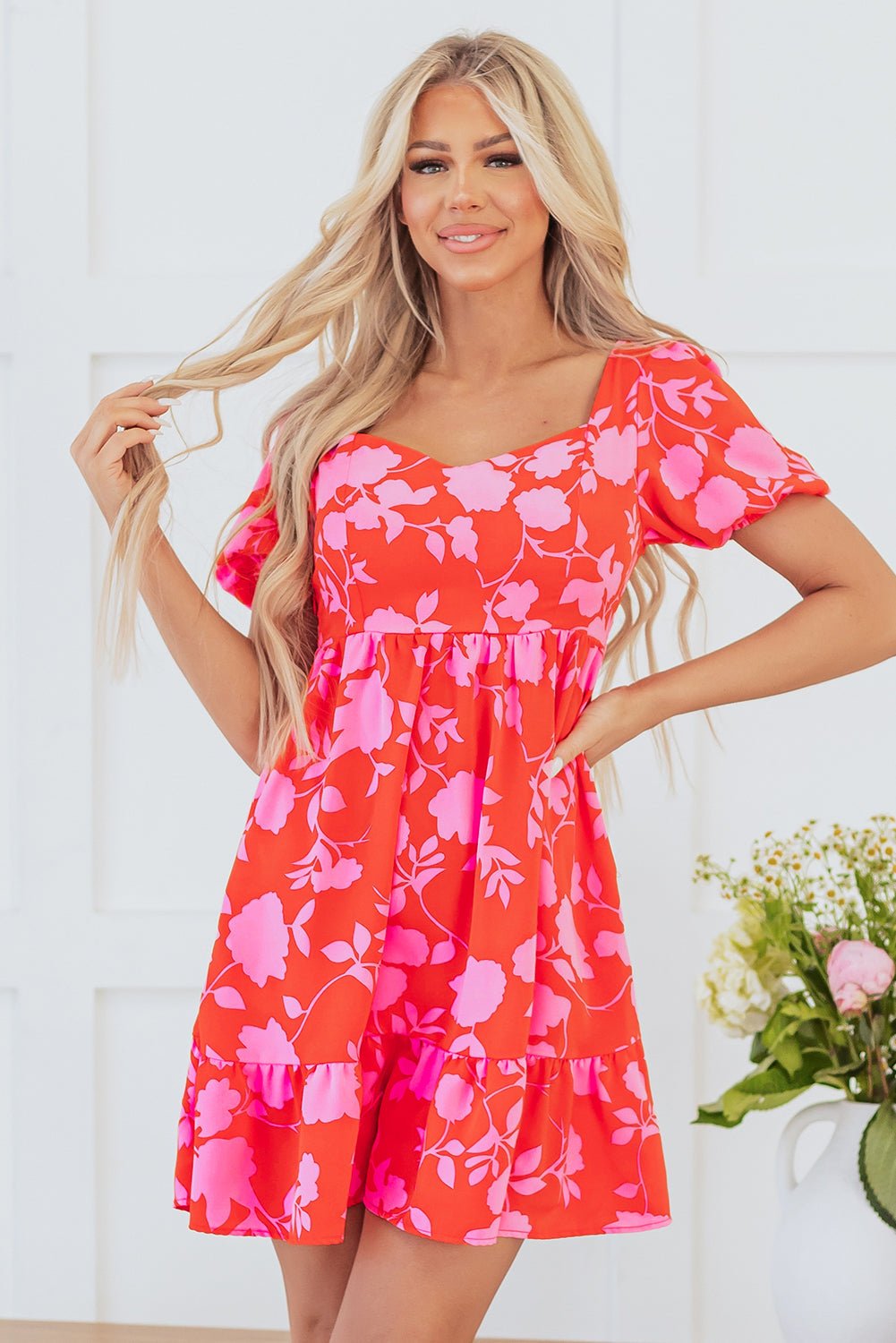 Floral Bubble Sleeve Sweetheart Neck Ruffle Mini Dress - Rooted & Reckless Co.