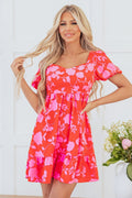 Floral Bubble Sleeve Sweetheart Neck Ruffle Mini Dress - Rooted & Reckless Co.