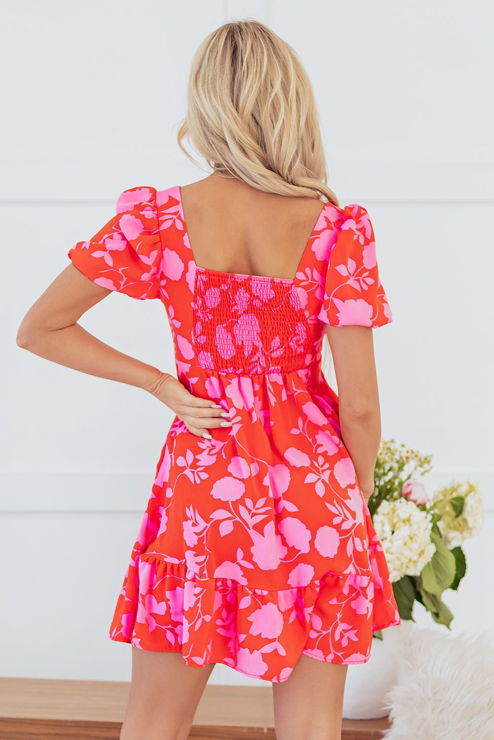 Floral Bubble Sleeve Sweetheart Neck Ruffle Mini Dress - Rooted & Reckless Co.