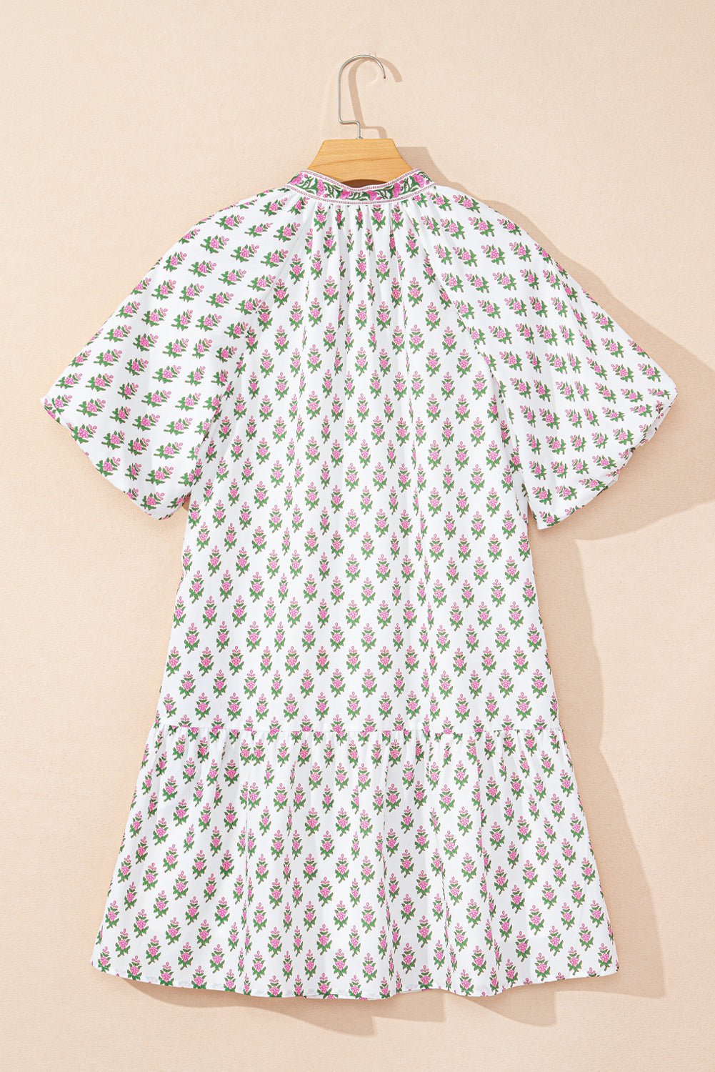 Floral Bubble Sleeve Tie Neck Ruffle Hem Dress - Rooted & Reckless Co.