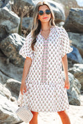 Floral Bubble Sleeve Tie Neck Ruffle Hem Dress - Rooted & Reckless Co.