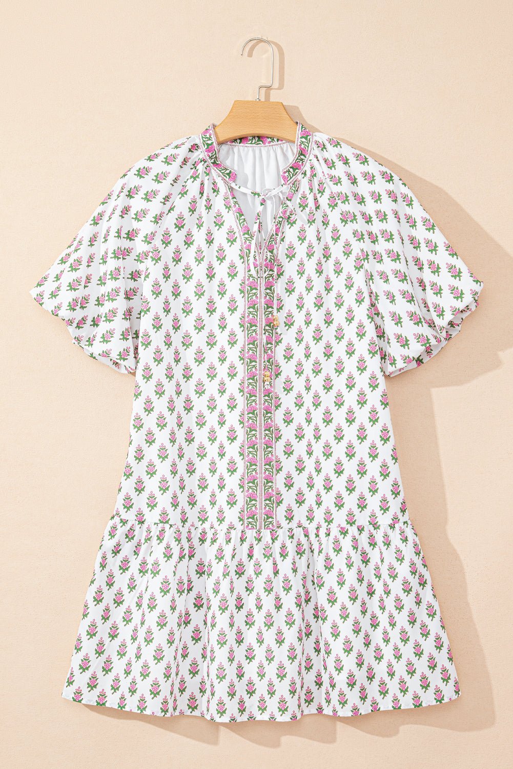 Floral Bubble Sleeve Tie Neck Ruffle Hem Dress - Rooted & Reckless Co.