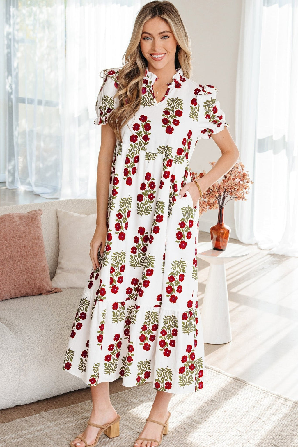 Floral Bubble Sleeve Tiered Maxi Dress - Rooted & Reckless Co.