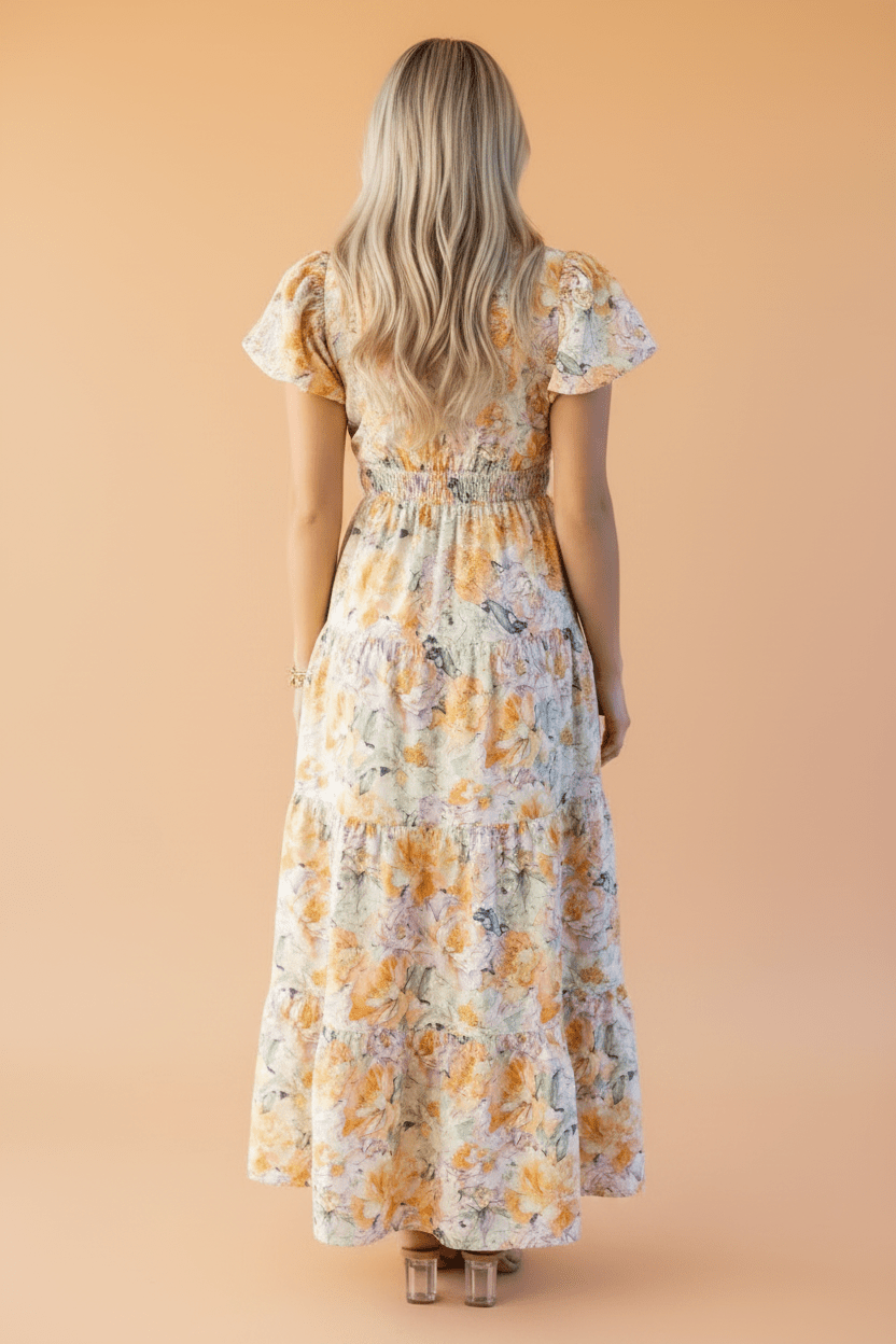 Floral Bubble Sleeve V-Neck Flared Maxi Dress - Rooted & Reckless Co.