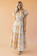 Floral Bubble Sleeve V-Neck Flared Maxi Dress - Rooted & Reckless Co.