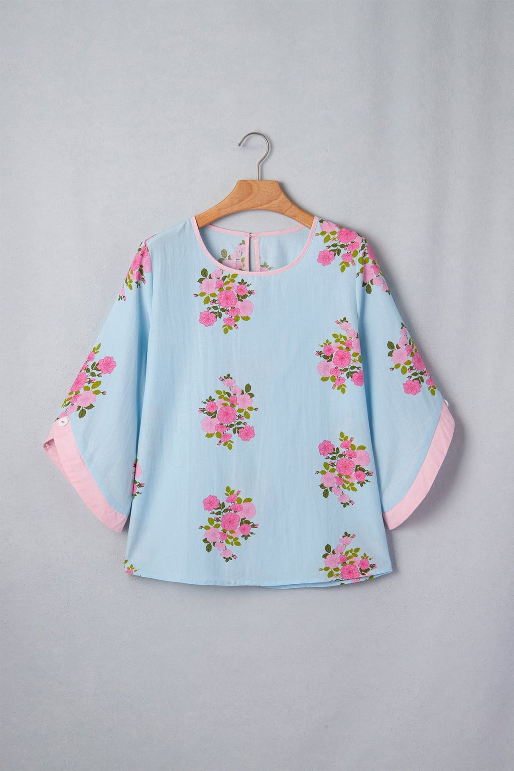 Floral Button Cuffed 3/4 Sleeve Round Neck Blouse - Rooted & Reckless Co.