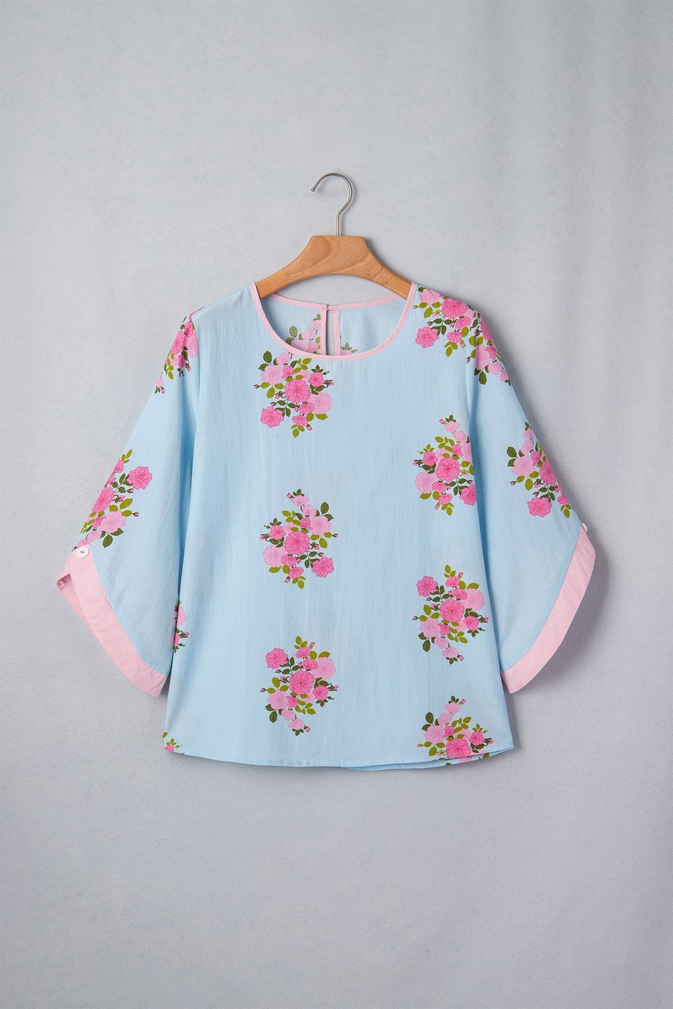 Floral Button Cuffed 3/4 Sleeve Round Neck Blouse - Rooted & Reckless Co.