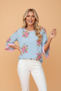 Floral Button Cuffed 3/4 Sleeve Round Neck Blouse - Rooted & Reckless Co.