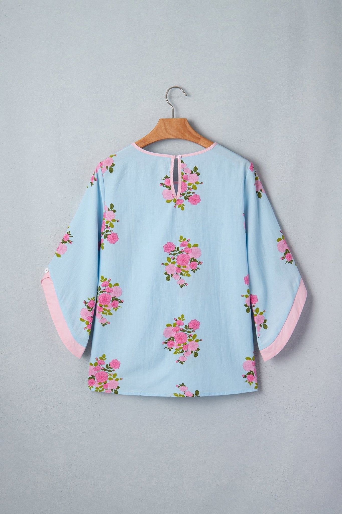 Floral Button Cuffed 3/4 Sleeve Round Neck Blouse - Rooted & Reckless Co.