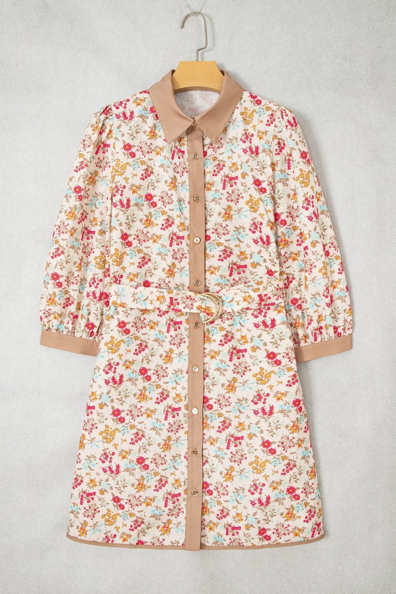 Floral Button Down Belted 3/4 Sleeve Mini Dress - Rooted & Reckless Co.