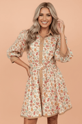 Floral Button Down Belted 3/4 Sleeve Mini Dress - Rooted & Reckless Co.