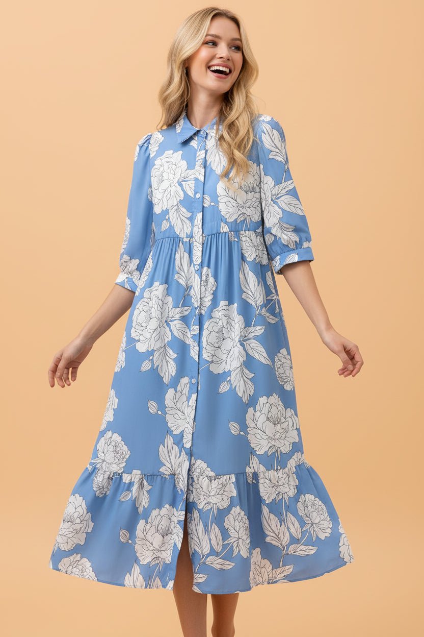 Floral Button-Front 3/4 Sleeve Ruffle Hem Dress - Rooted & Reckless Co.