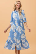 Floral Button-Front 3/4 Sleeve Ruffle Hem Dress - Rooted & Reckless Co.