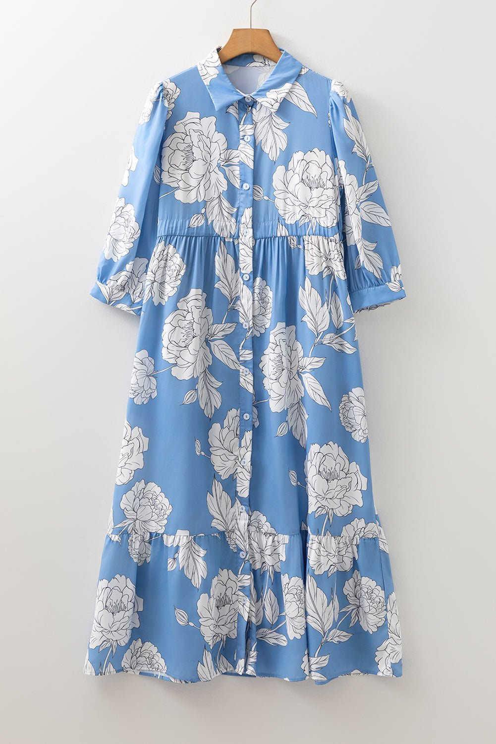 Floral Button-Front 3/4 Sleeve Ruffle Hem Dress - Rooted & Reckless Co.