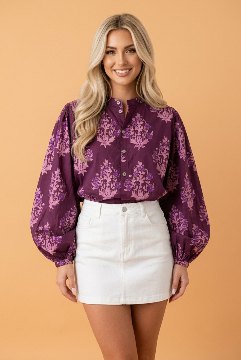 Floral Button Front Long Puff Sleeve Blouse - Rooted & Reckless Co.
