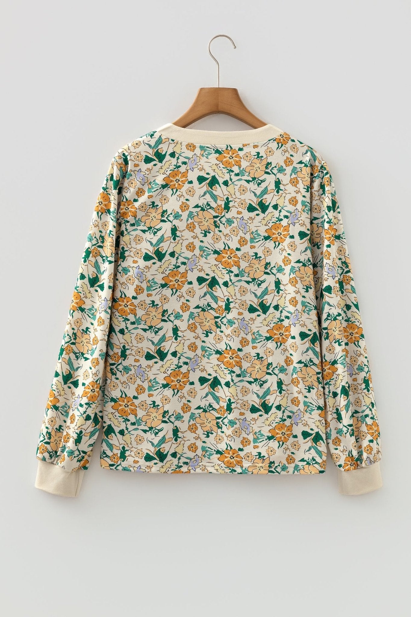 Floral Button Notch V-Neck Long Sleeve Top - Rooted & Reckless Co.