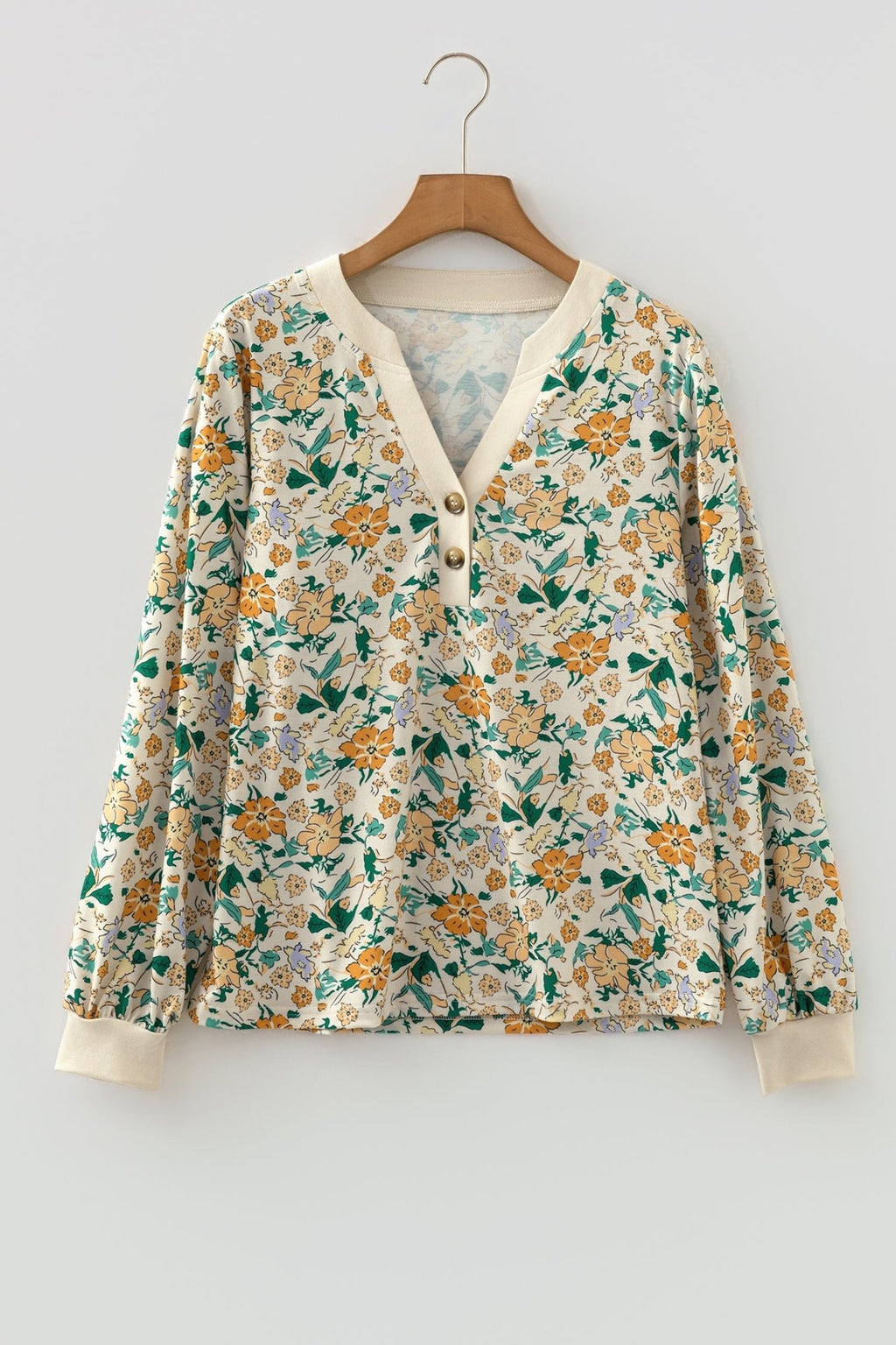 Floral Button Notch V-Neck Long Sleeve Top - Rooted & Reckless Co.