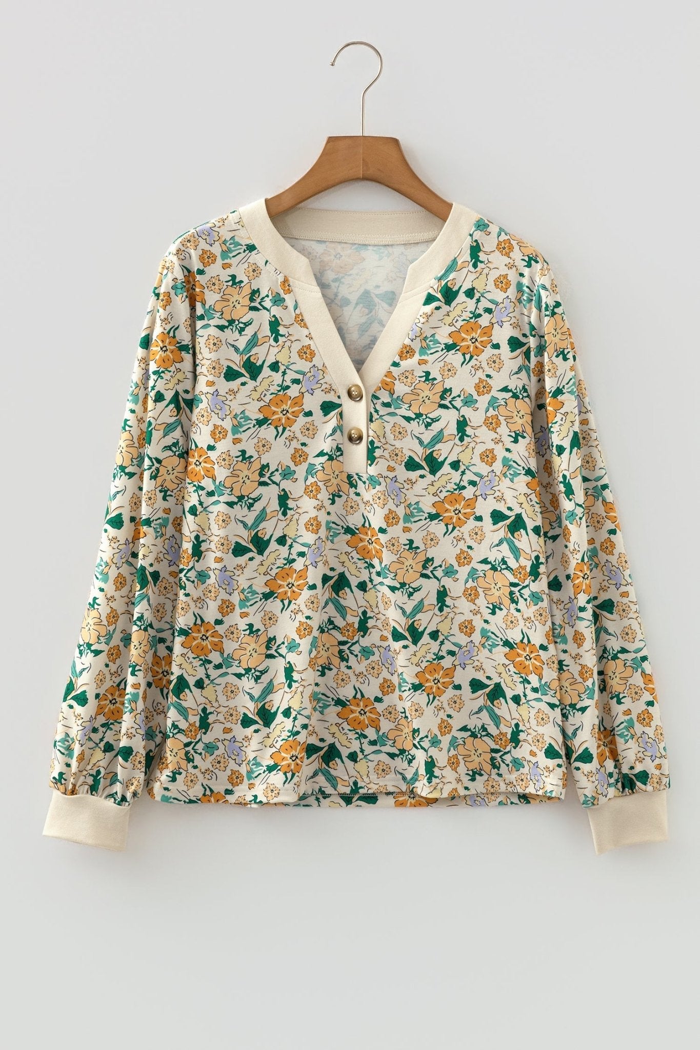 Floral Button Notch V-Neck Long Sleeve Top - Rooted & Reckless Co.