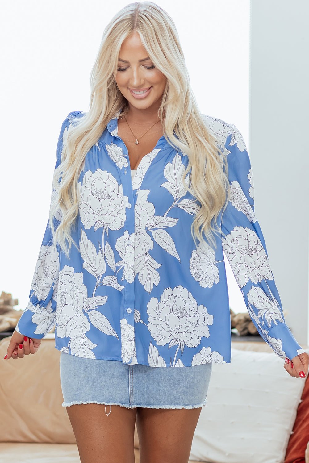 Floral Button-Up Pleated Puff Sleeve Shirt - Rooted & Reckless Co.