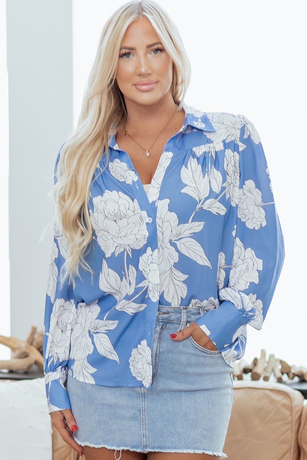 Floral Button-Up Pleated Puff Sleeve Shirt - Rooted & Reckless Co.