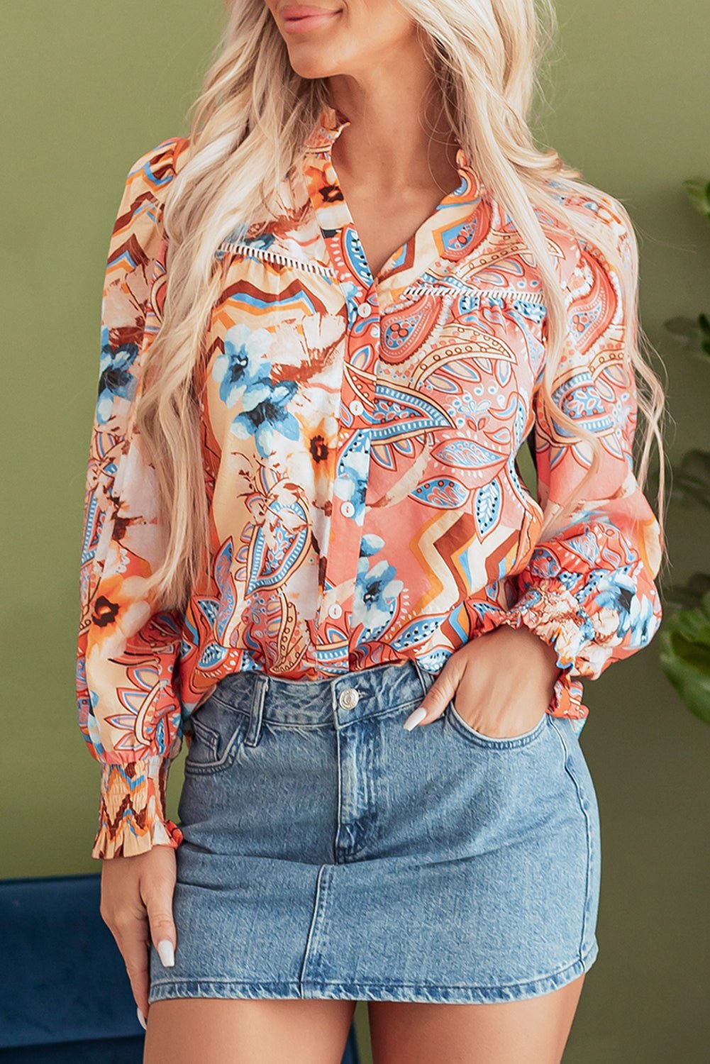 Floral Button-Up Shirred Cuff Shirt - Rooted & Reckless Co.