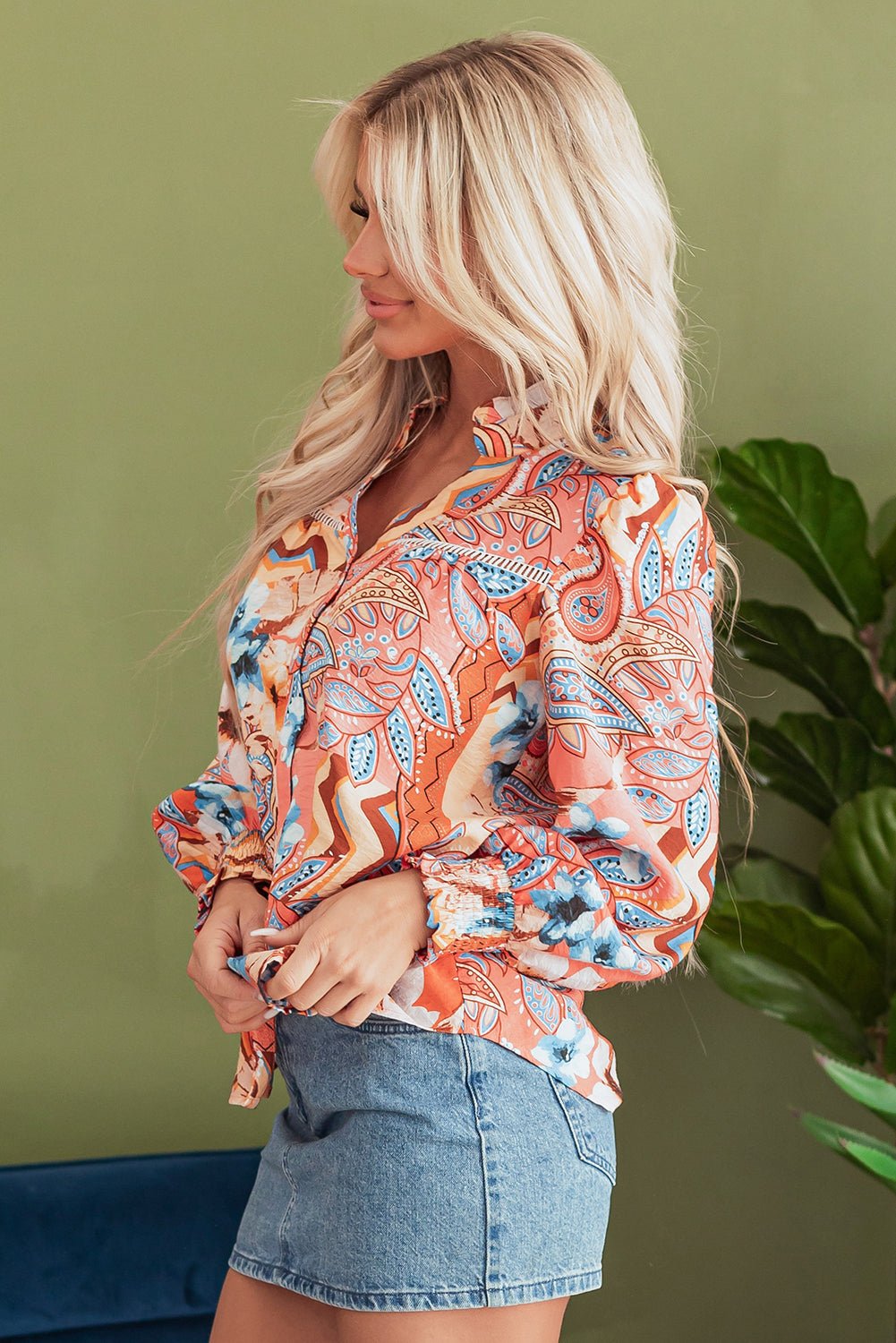 Floral Button-Up Shirred Cuff Shirt - Rooted & Reckless Co.
