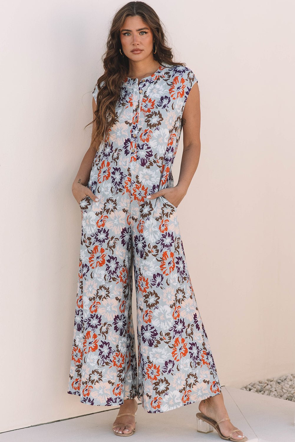 Floral Buttoned Sleeveless Wide Leg Jumpsuit - Rooted & Reckless Co.