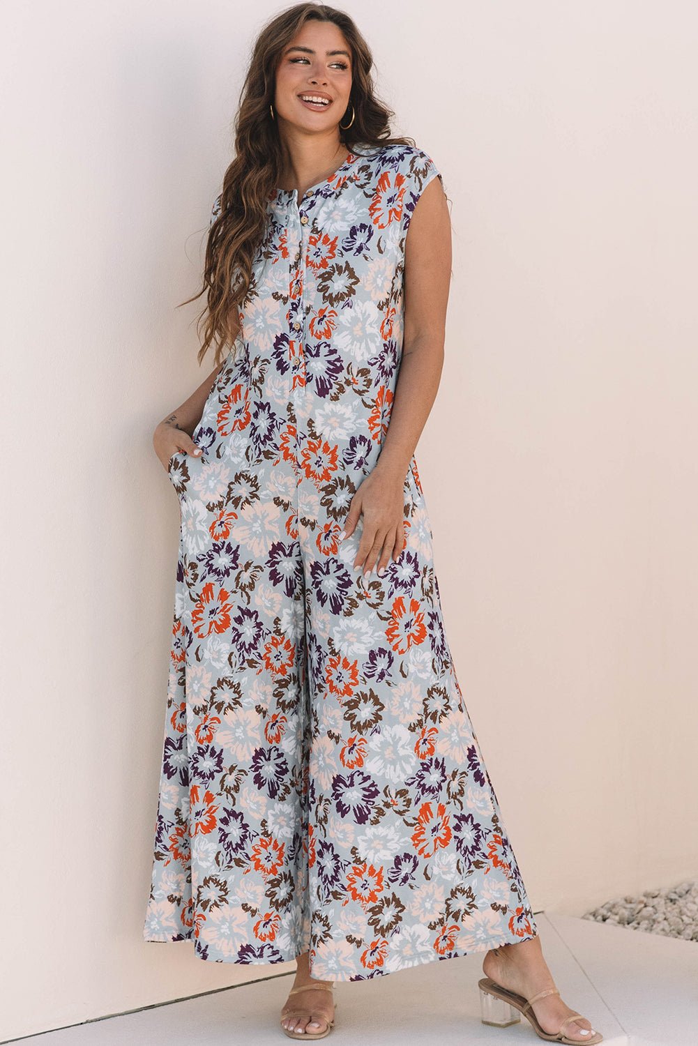 Floral Buttoned Sleeveless Wide Leg Jumpsuit - Rooted & Reckless Co.