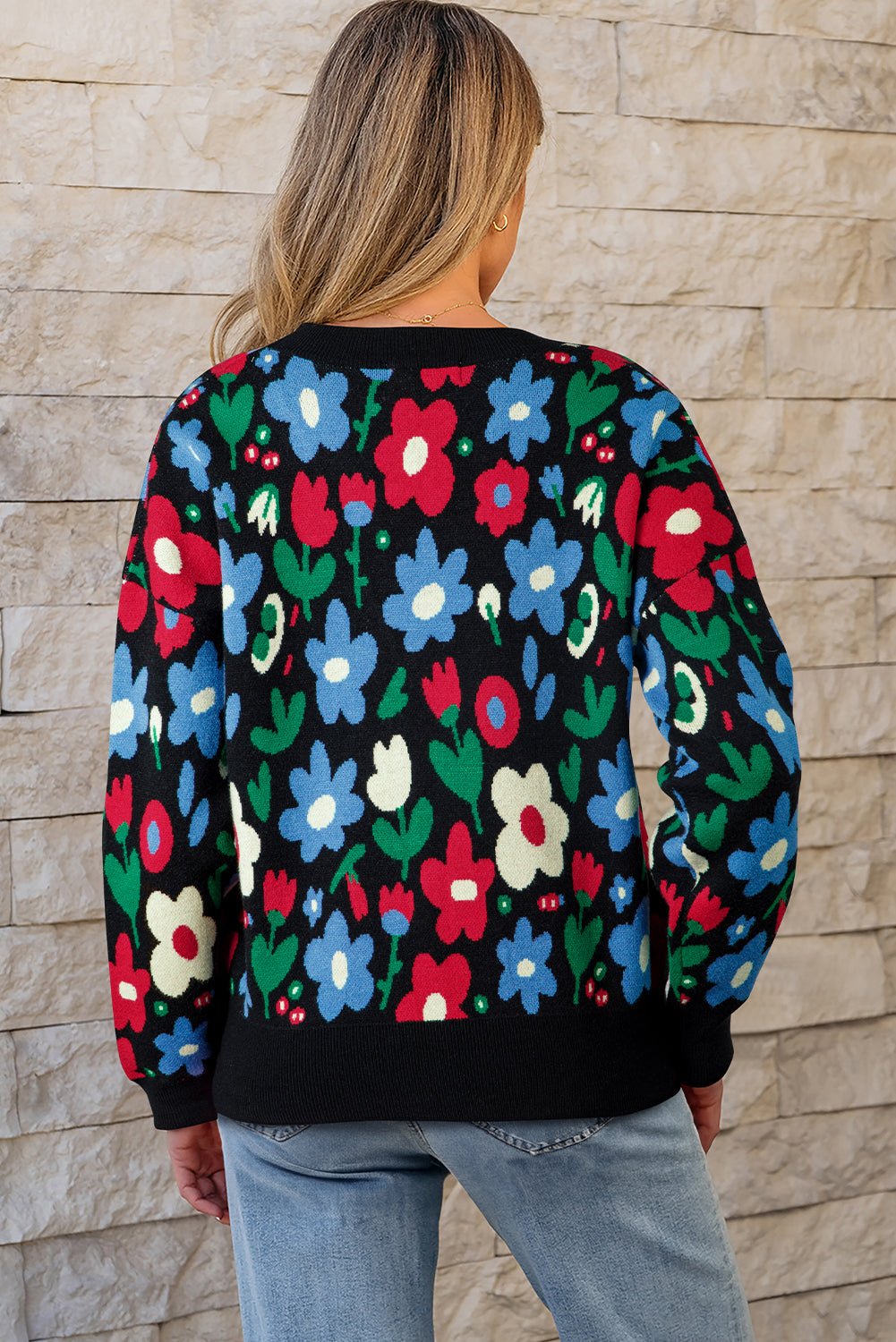 Floral Buttoned V-Neck Cardigan Sweater - Rooted & Reckless Co.