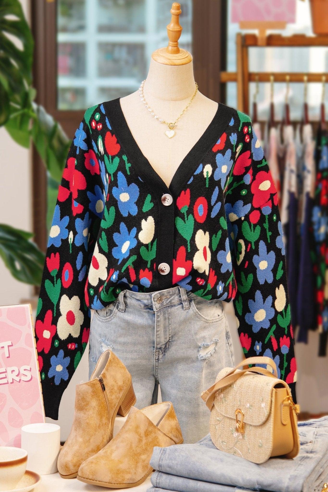 Floral Buttoned V-Neck Cardigan Sweater - Rooted & Reckless Co.