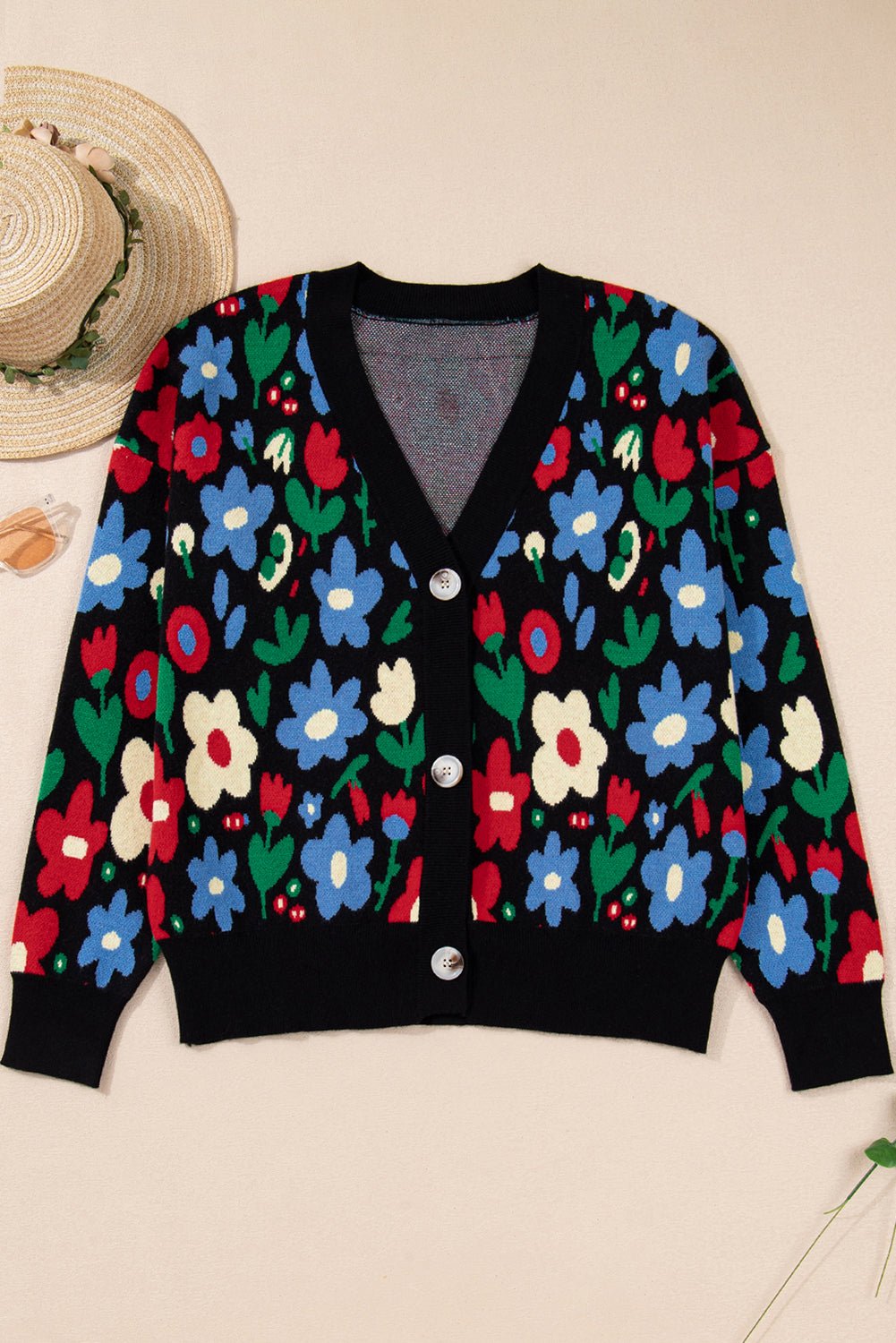 Floral Buttoned V-Neck Cardigan Sweater - Rooted & Reckless Co.