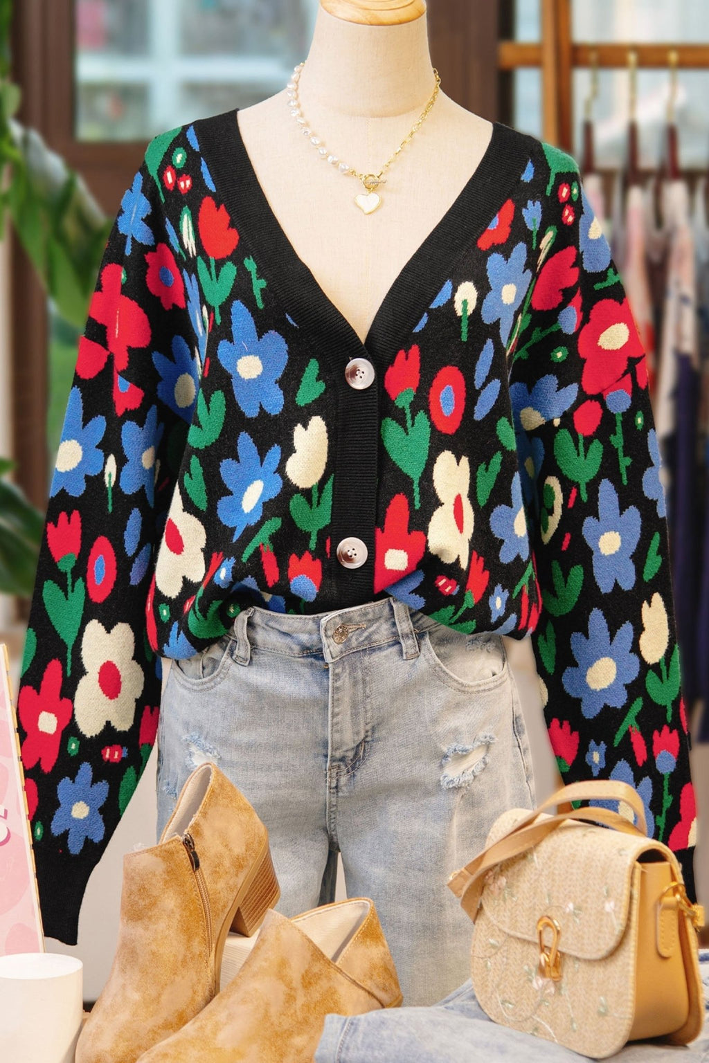 Floral Buttoned V-Neck Cardigan Sweater - Rooted & Reckless Co.