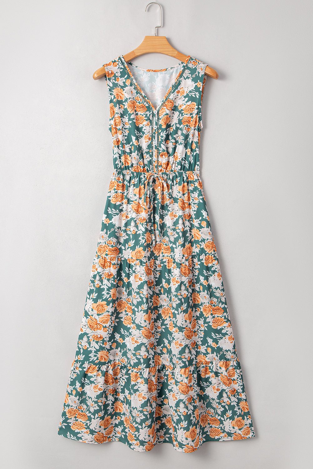 Floral Buttoned V-Neck Tie Waist Maxi Dress - Rooted & Reckless Co.