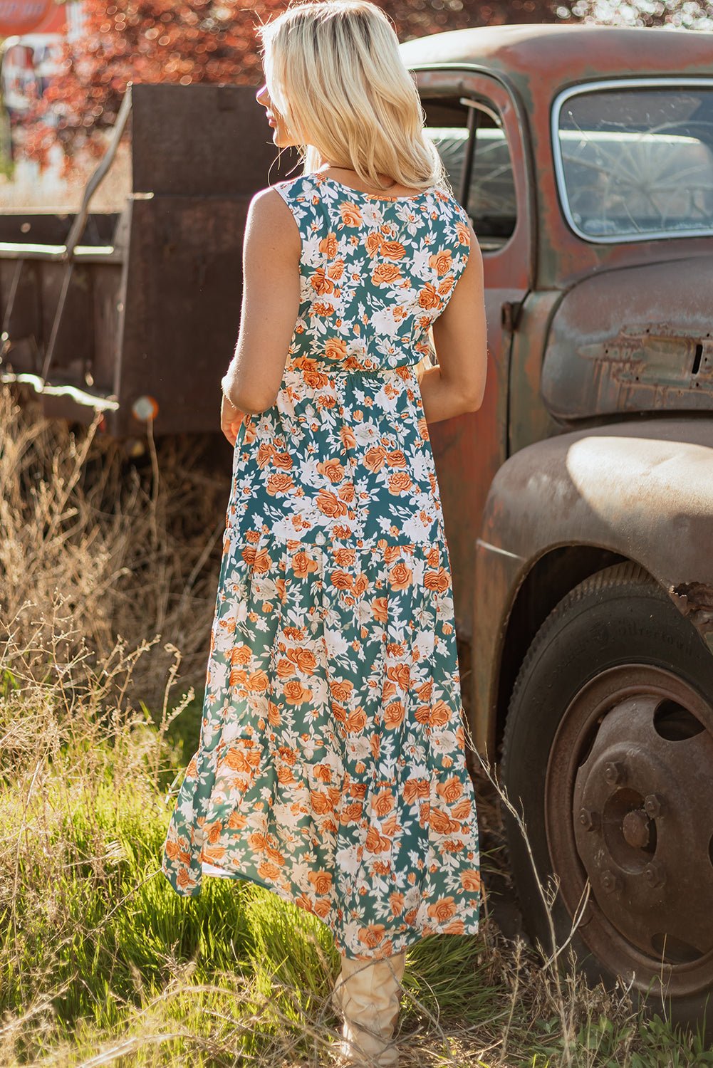 Floral Buttoned V-Neck Tie Waist Maxi Dress - Rooted & Reckless Co.