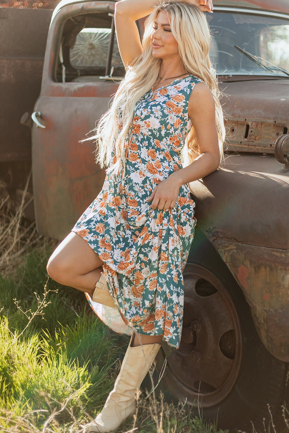 Floral Buttoned V-Neck Tie Waist Maxi Dress - Rooted & Reckless Co.