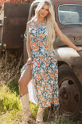 Floral Buttoned V-Neck Tie Waist Maxi Dress - Rooted & Reckless Co.