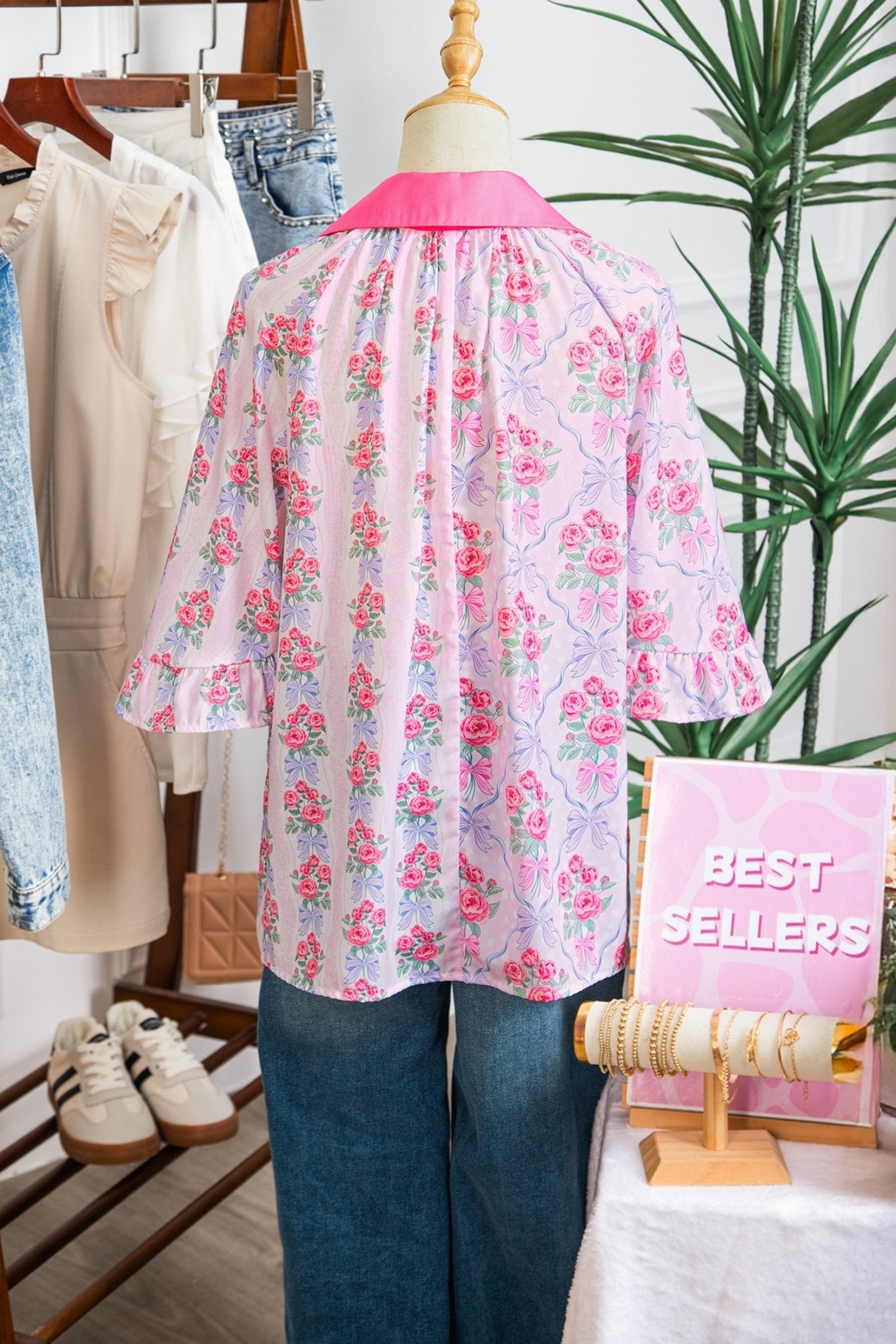Floral Collared V-Neck Ruffle 3/4 Sleeve Shirt - Rooted & Reckless Co.